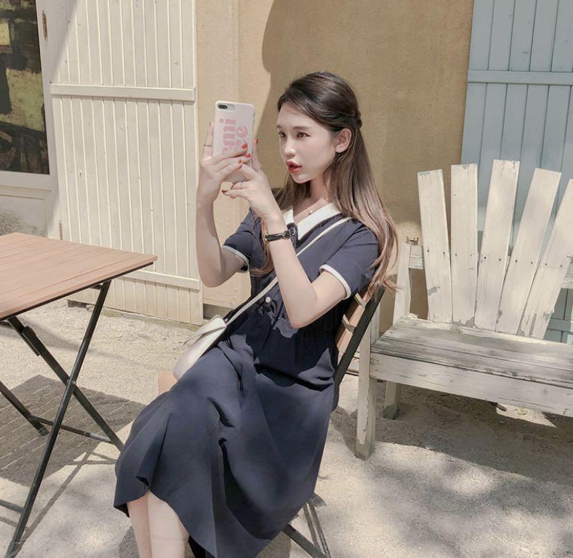 Navy Blue Korean Style Retro Dress Summer Women s Fashion Tops