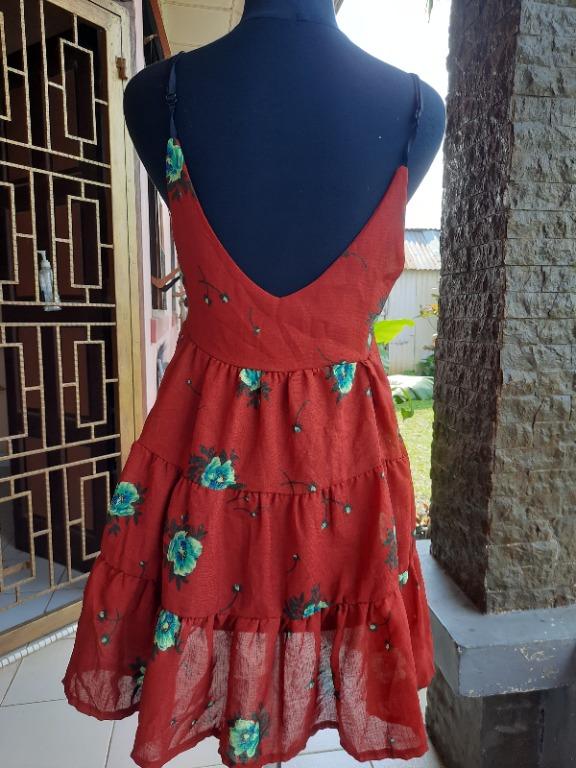 PL Korea Dress overall tanktop merah bunga M Fesyen Wanita