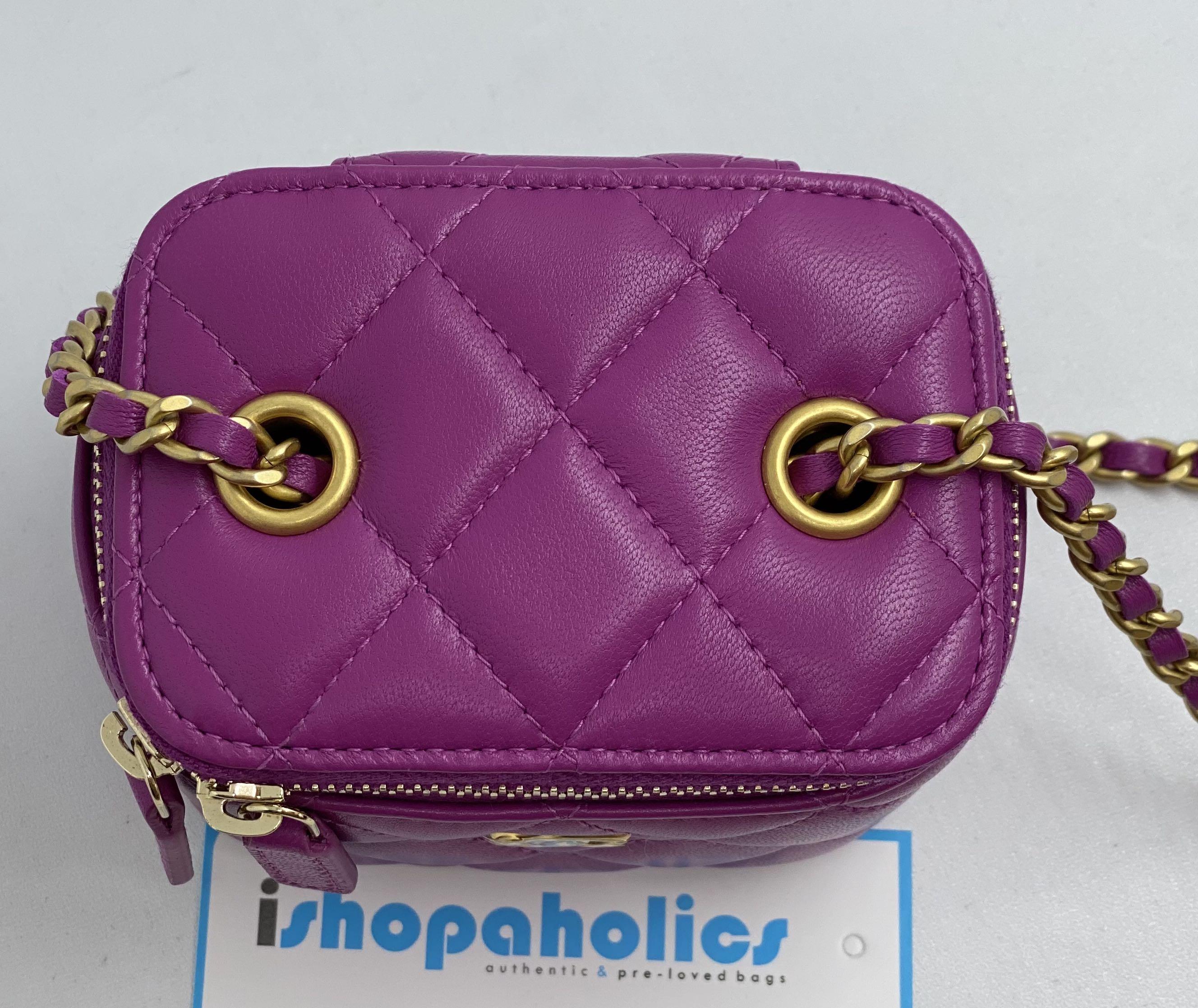 SOLD!!BNIB CHANEL 21C Pearl Crush Mini Vanity Cube Purple Lambskin GHW, Women's  Fashion, Bags & Wallets, Cross-body Bags on Carousell