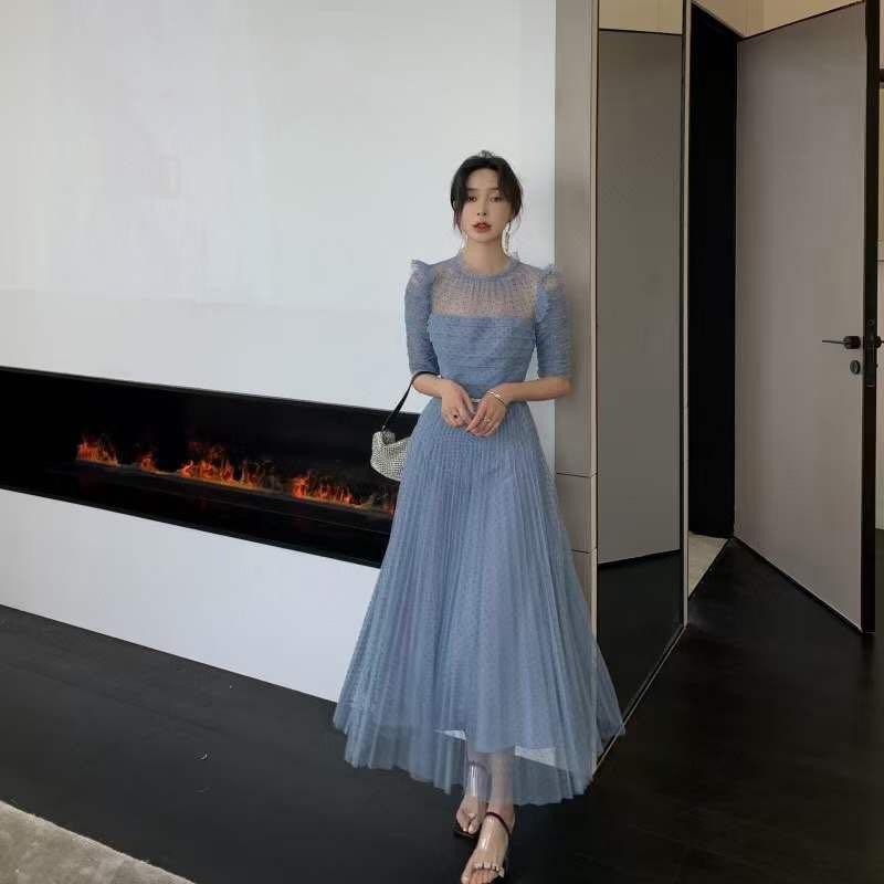knee length dresses for ladies Self-Portrait Midi Dress Polka-Dot One-Shoulder Asymmetric Short-Sleeve