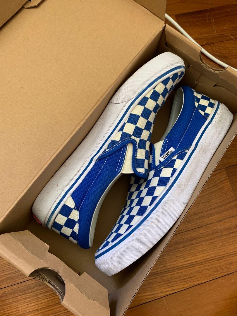 blue slip on vans with checkered rim