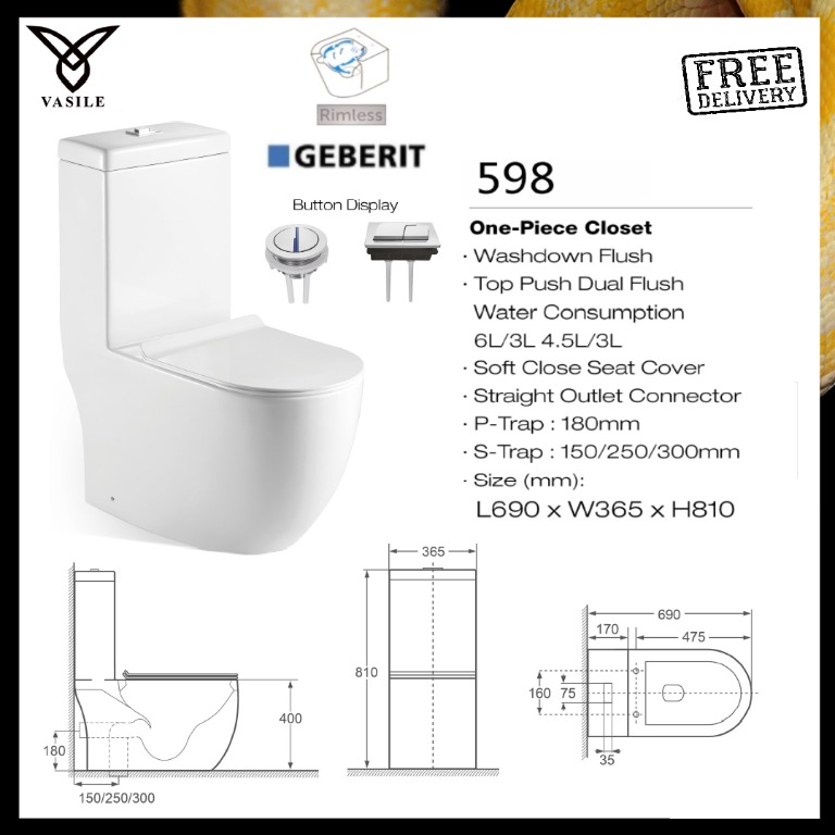 Vasile 598 Rimless Toilet Bowl with Geberit flushing, Furniture & Home