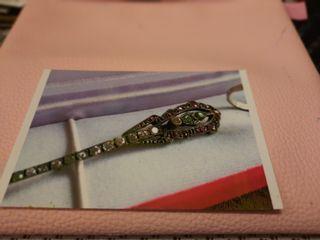 Antique Bar Brooch. Silver base with Emeralds/Rubies/Rosecut diamonds