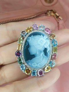 Cameo Pendant with Cabochon, Multi color gems and diamonds