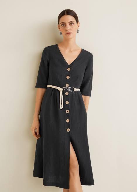 Mango Alaua Black Linen Dress