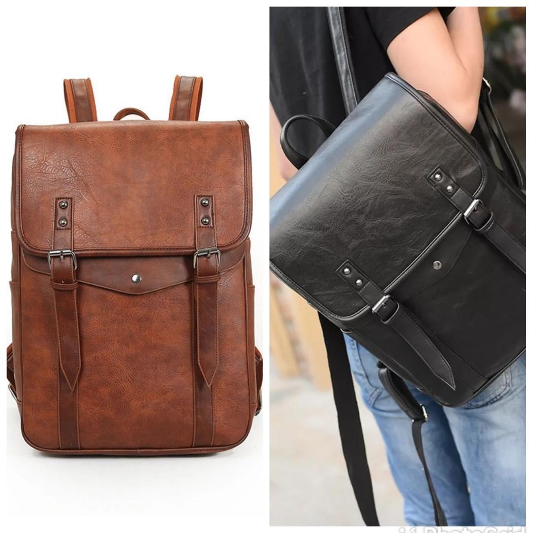 Men backpack large capacity laptop bag black brown pu leather Men