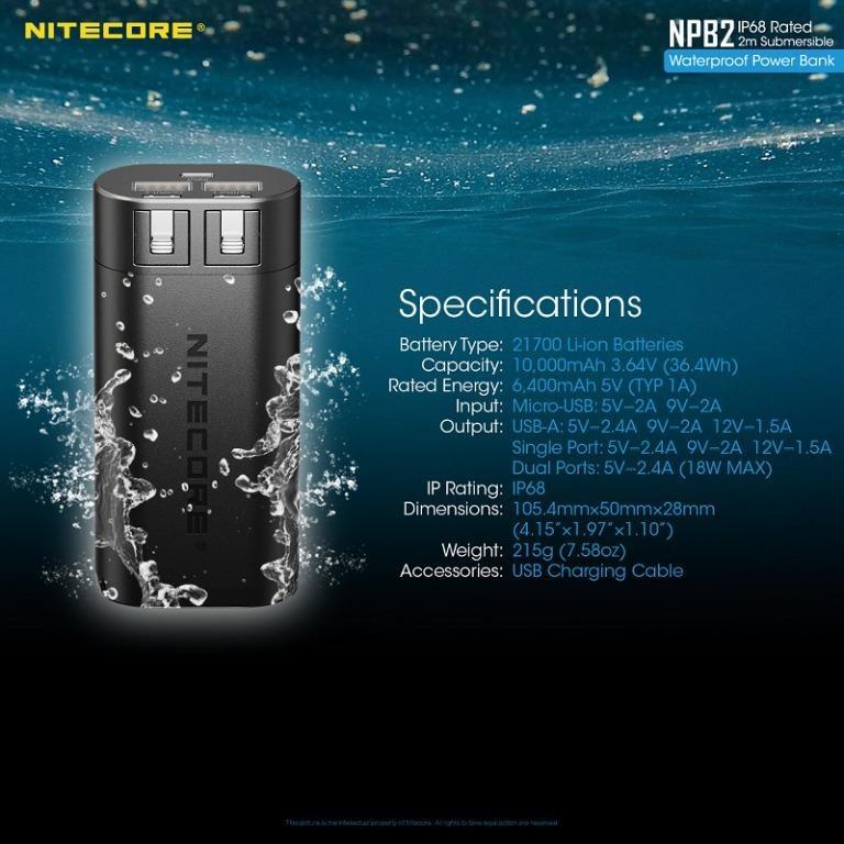 Nitecore NPB2 Waterproof Power Bank (10,000mAh / QC 3.0 USB / 18W)(npb2),  Mobile Phones & Gadgets, Mobile & Gadget Accessories, Power Banks &  Chargers on Carousell