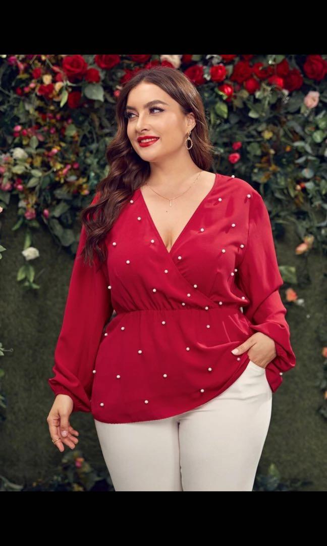 pearls details peplum blouse 4XL 