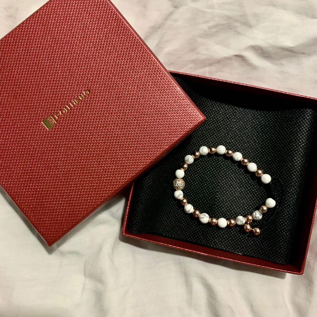Poh Heng Marble and Rose Gold Beaded Bracelet with Encrusted Rose Gold Charm