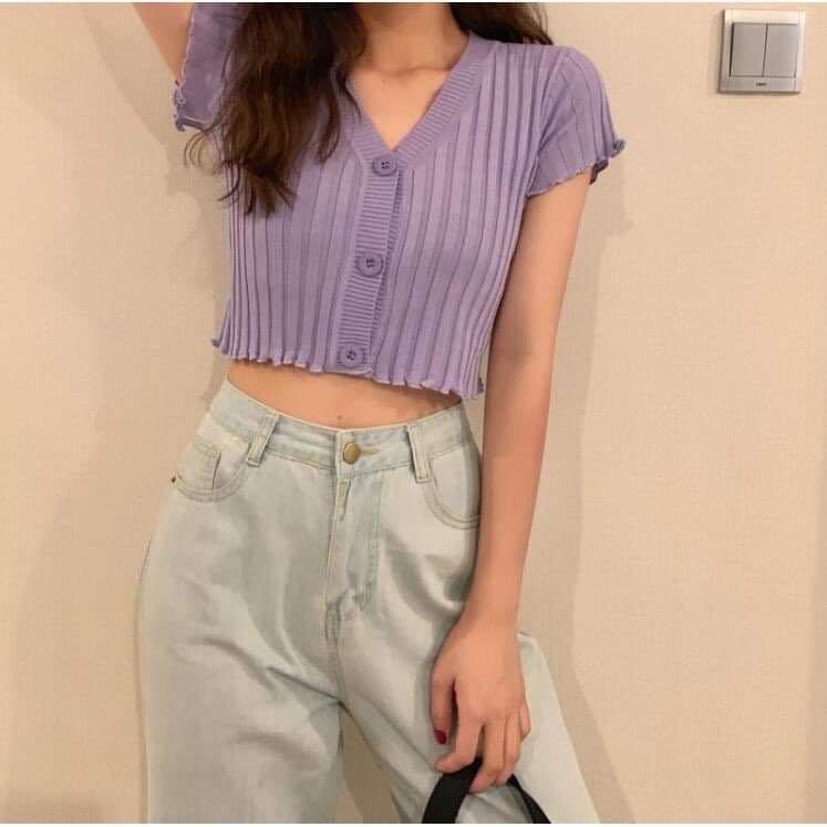 purple button down crop top, Women's 