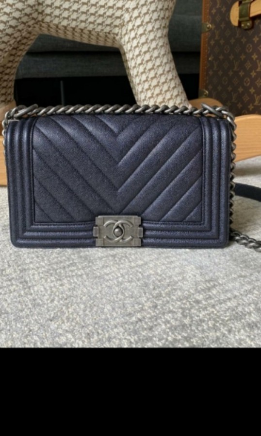 Chanel Boy Bag Old Medium, Dark Blue with Gold Hardware, Preowned in Box  WA001