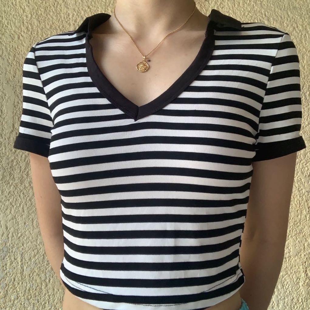 black and white striped v neck tee