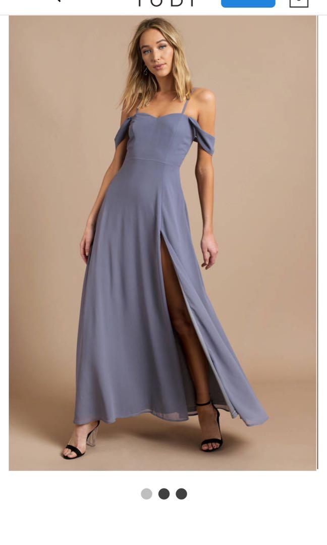 Tobi Dusty Blue Off Shoulder Bustier Slit Maxi Dress