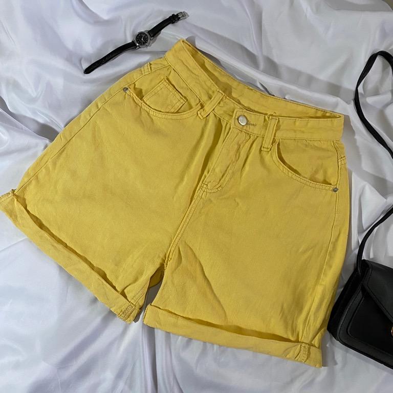 Yellow High Waist Denim Shorts, Women's Fashion, Bottoms, Shorts on Carousell