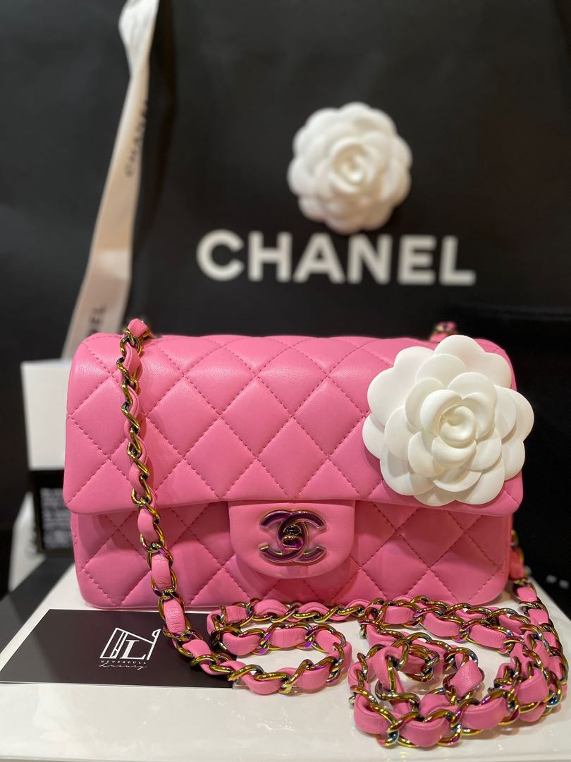 Chanel Top Handle Mini Rectangular Flap Bag Iridescent Dark Pink Lambskin  Aged Gold Hardware