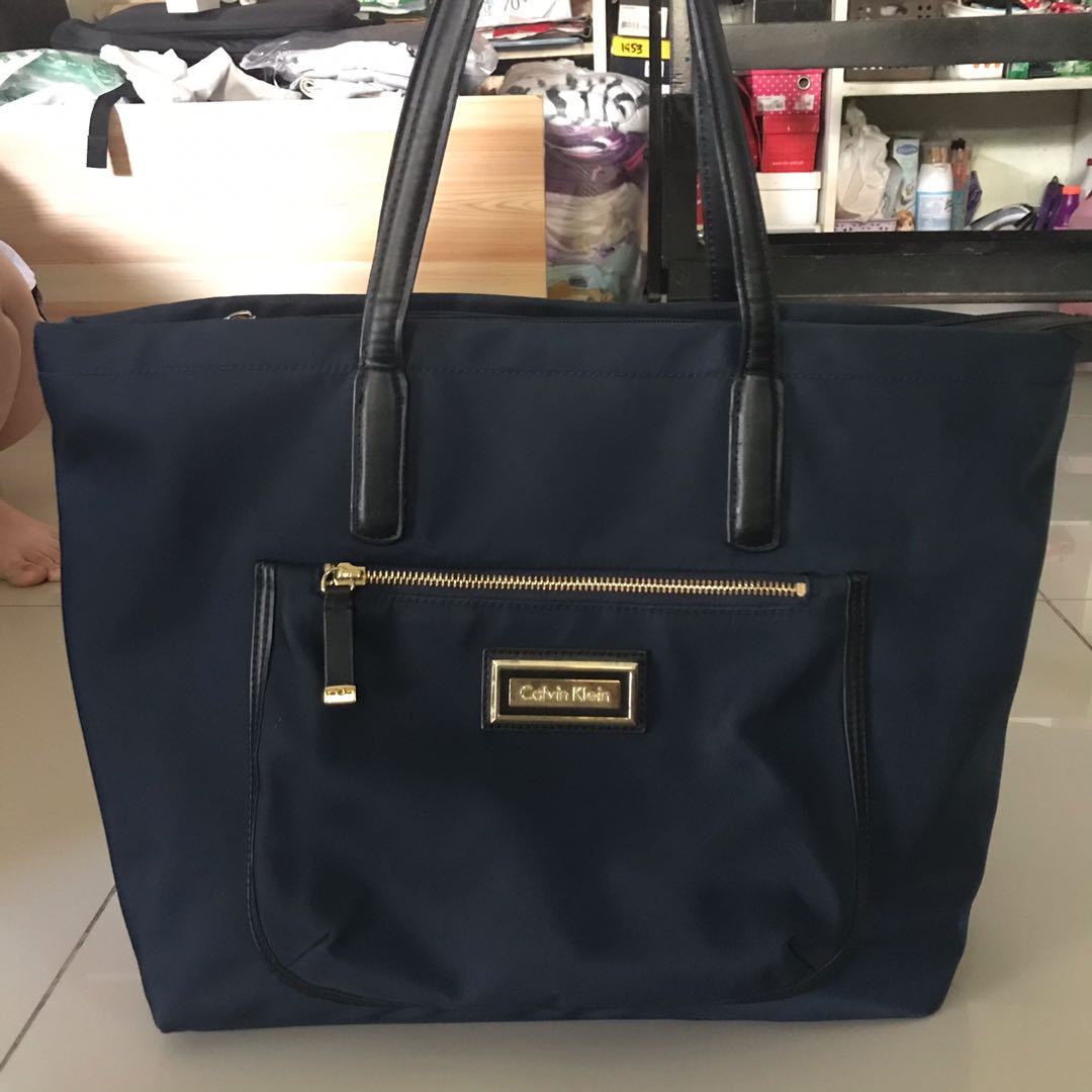 Calvin Klein Large Nylon Tote Bag in Navy Blue Women s Fashion