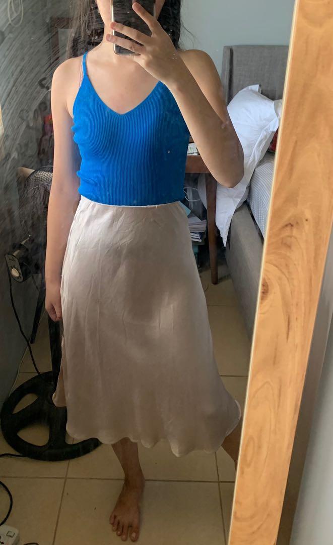 H M Champagne Satin Midi Bias Skirt Women s Fashion Bottoms