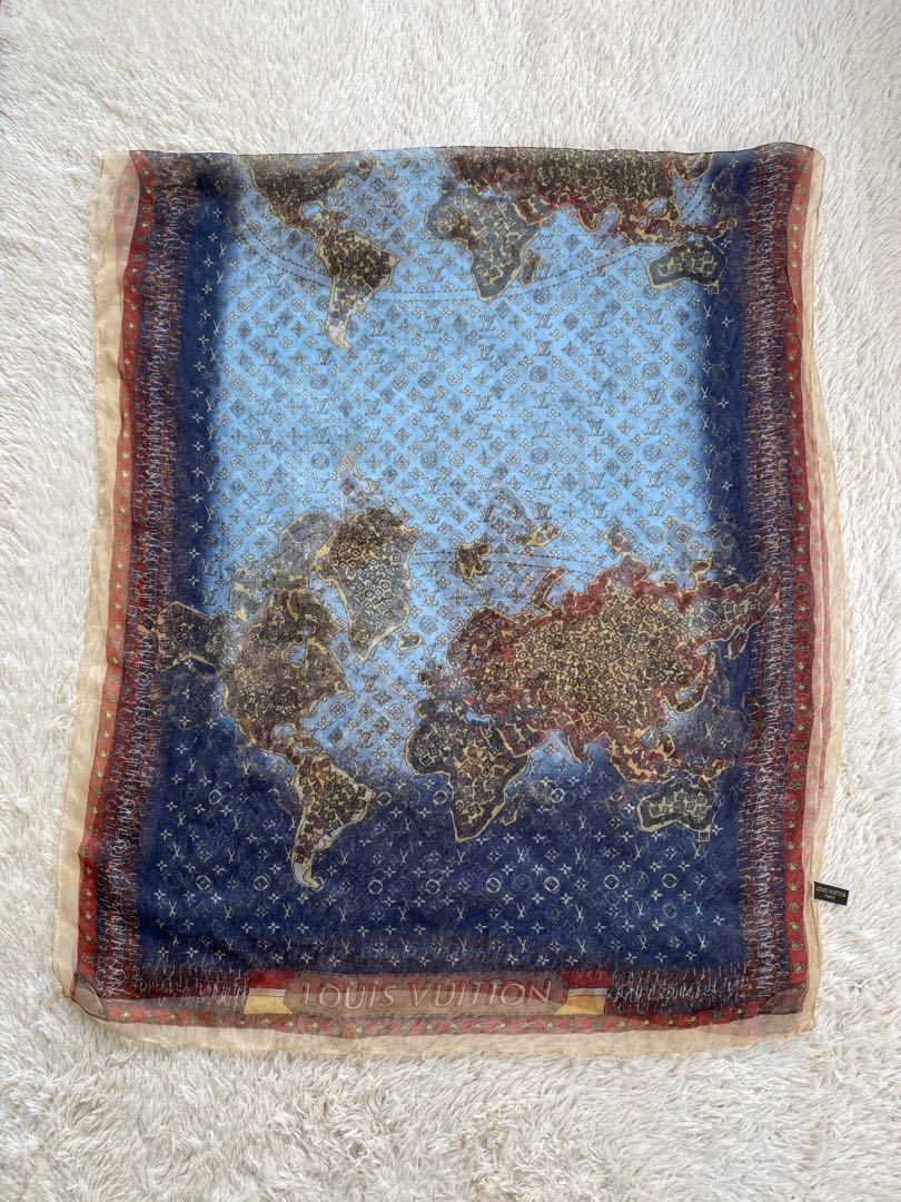 LOUIS VUITTON Silk Scarf World Map Square Blue Scarf 