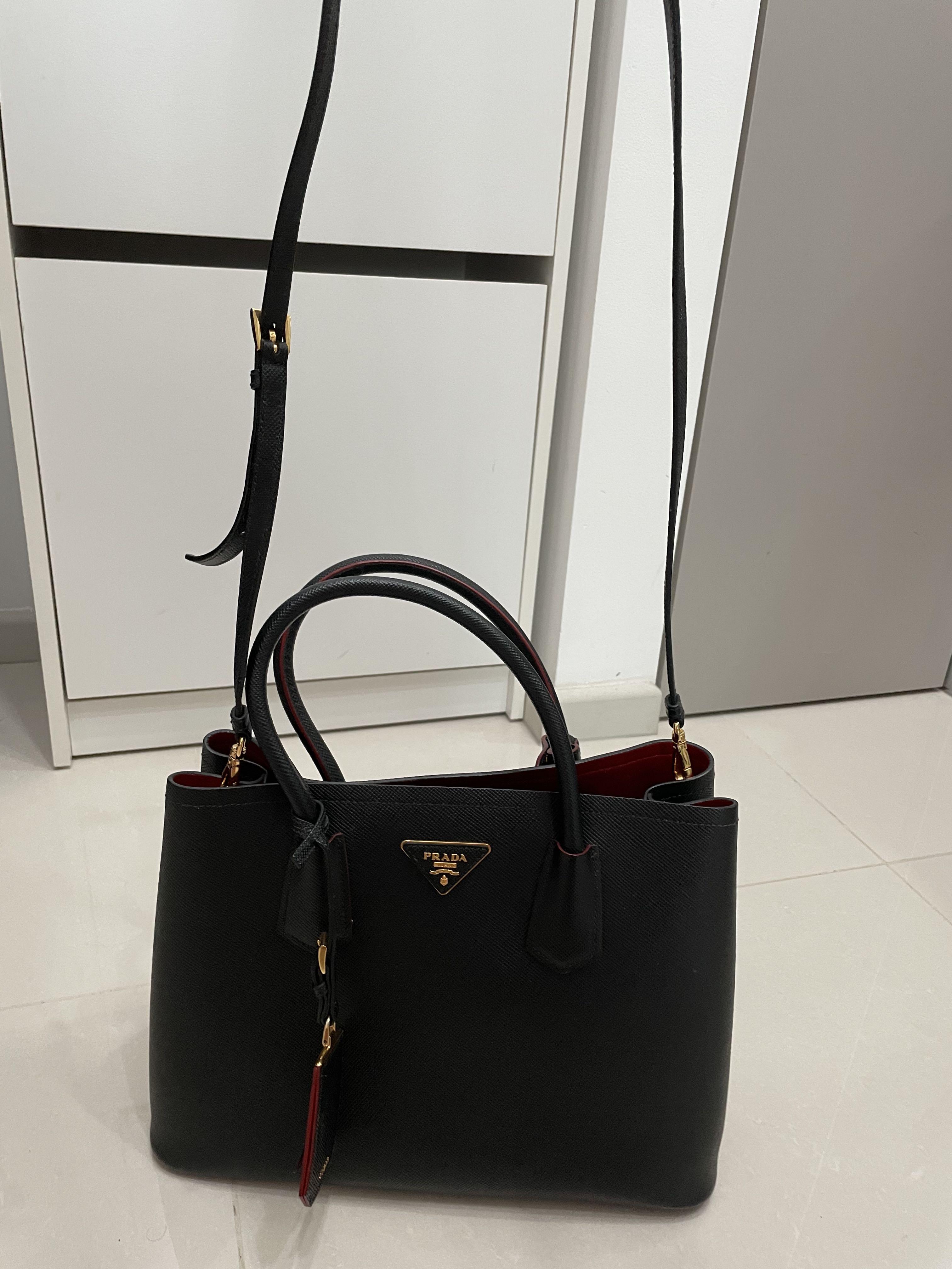 Small Saffiano Leather Double Prada Bag, Women, Black/fiery Red
