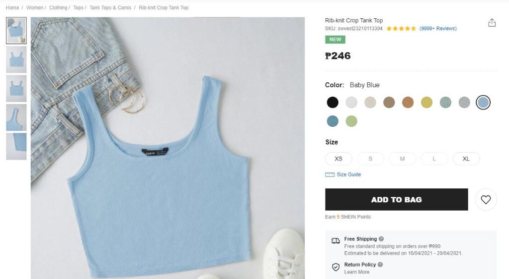 SHEIN Rib-knit Crop Tank Top (Category: Others Tops) located in Taguig. Submitted by mcbunyi (Listing ID 1078735976, Image 2). Description: Shein offers some of the best shoes, bags, men's clothes, children's apparel, accessories, and other fashion items in the Philippines. SHEIN Rib-knit Crop Tank Top - ON HAND! - 85% polyester; 15% cotton - small size.