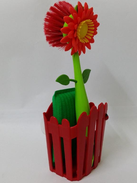 Vigar Flower Power Pink Dish Brush with Vase 10-Inches Green