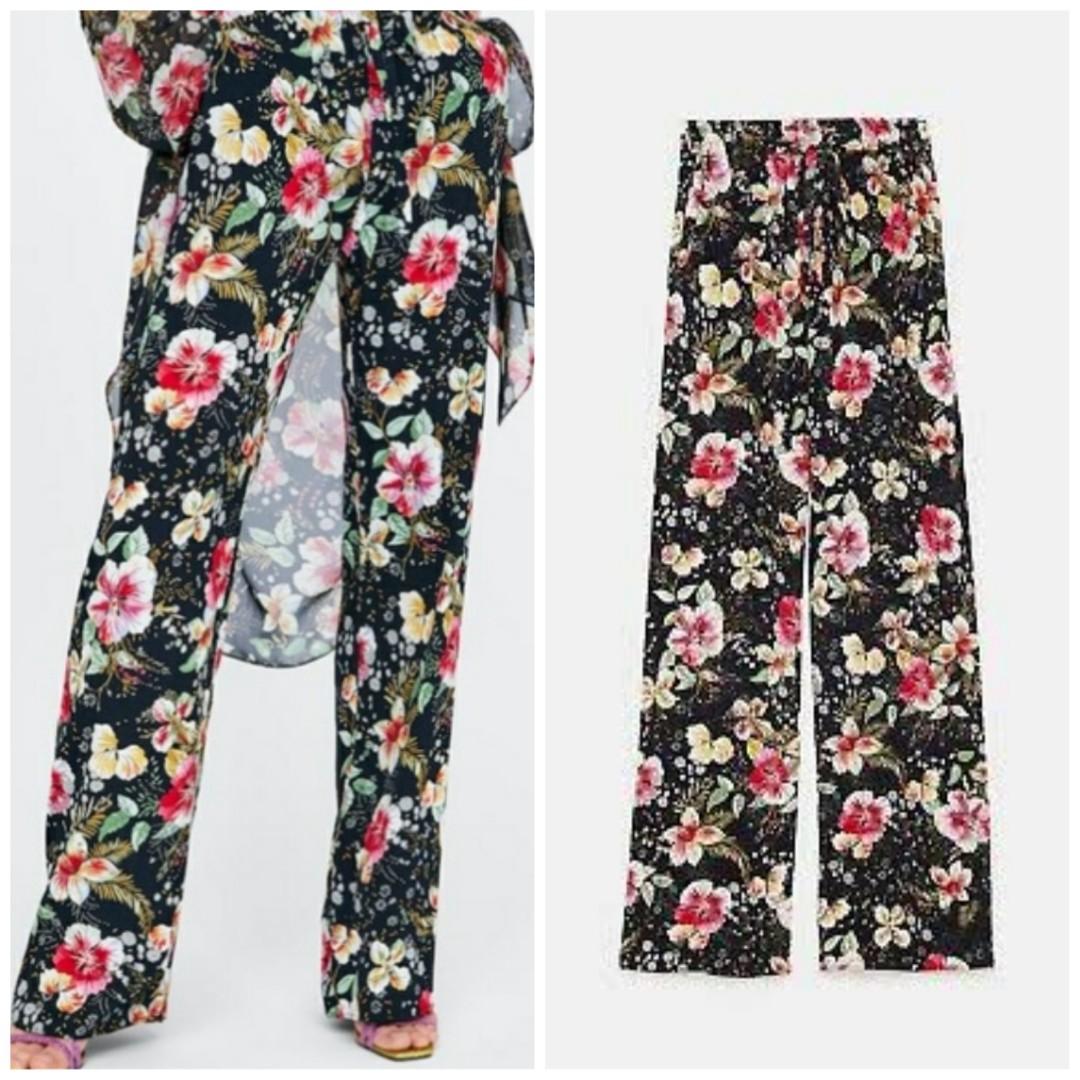 Zara Floral Drawstring Pants, Fesyen 
