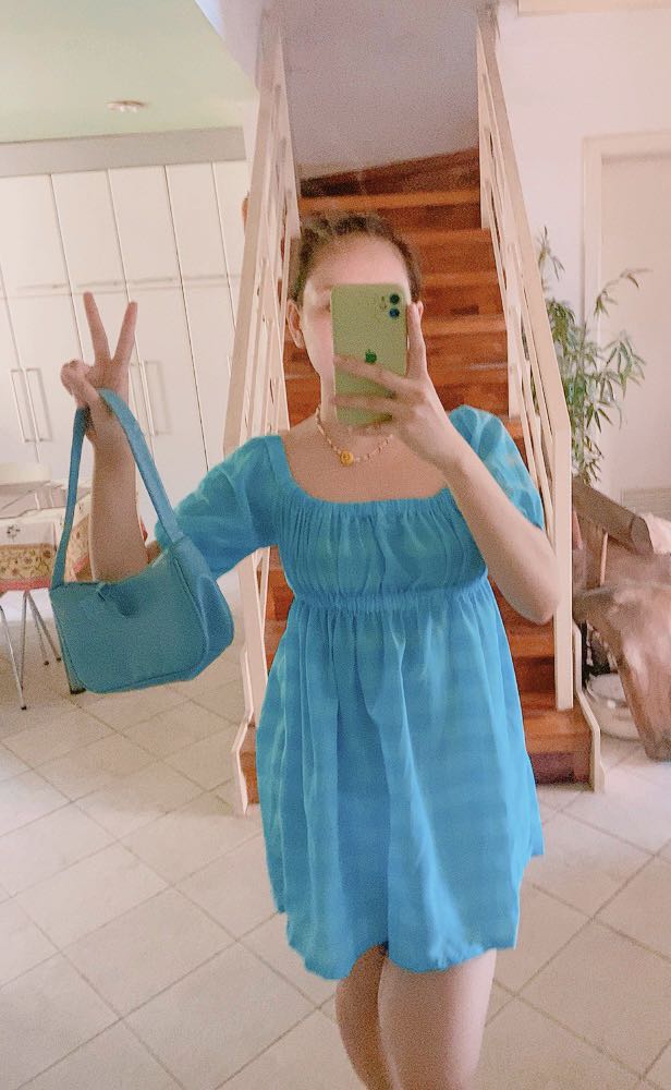 Aqua blue gingham baby doll dress, Women's Fashion, Dresses & Sets