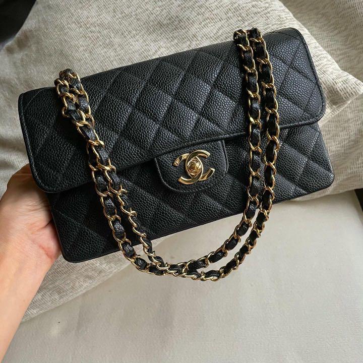 AUTHENTIC CHANEL Caviar Small 9 Classic Flap Bag 24k Gold