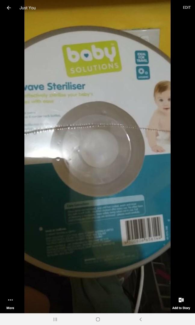 Baby Solutions Microwave Steriliser (Category: Weaning & Toddler Feeding) located in Caloocan City. Submitted by yingwen_laoshi (Listing ID 1073044222, Image 1). Description: Baby Solutions Microwave Steriliser is: * sealed & ORIG * AUSTRALIAN brand *has a tweezer inside *can hold feeding bottles, cups, teats, spoons & forks.