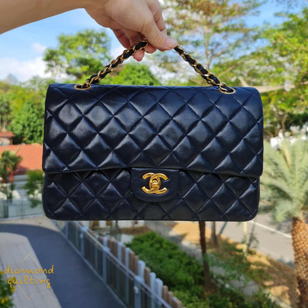 CHANEL Lambskin Chevron Quilted Jumbo Double Flap Blue 1254814