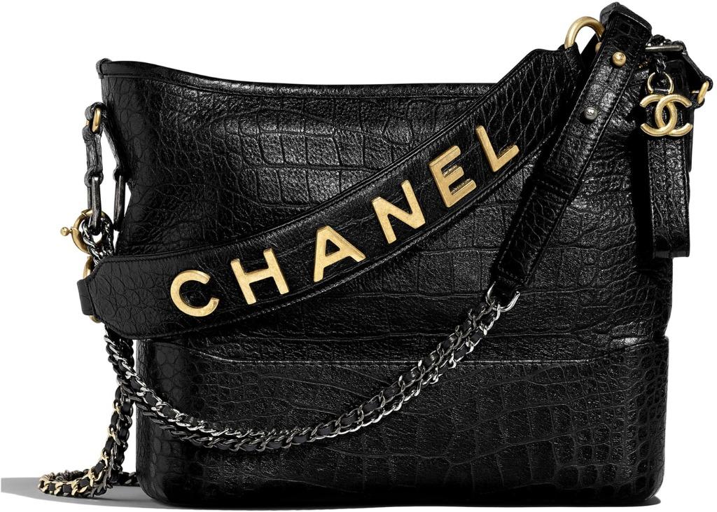 CHANEL Calfskin Crocodile Embossed Small Gabrielle Cocodile Hobo Black  1191383