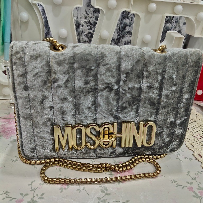 MOSCHINO Grey Velvet Sling Bag Women s Fashion Bags