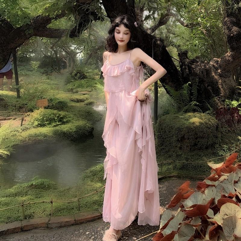 PO FREEPOS Pink Fairy Frill Maxi Grecian Dress Women s Fashion