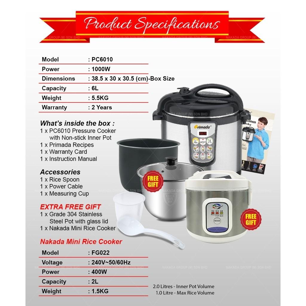 (NEW) Primada Pressure Cooker 6L + Rice Cooker 2L, Kitchen & Appliances