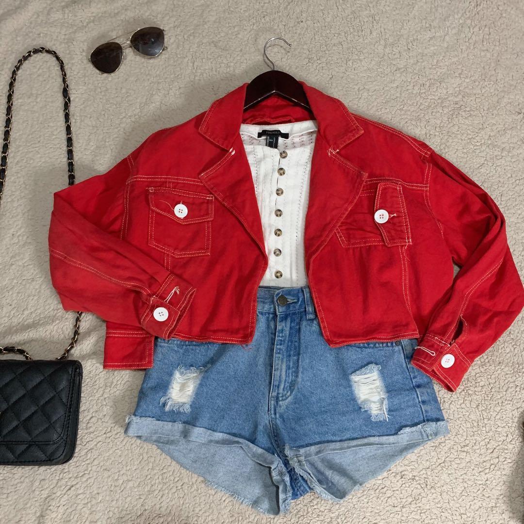 red cropped denim jacket, Women's 