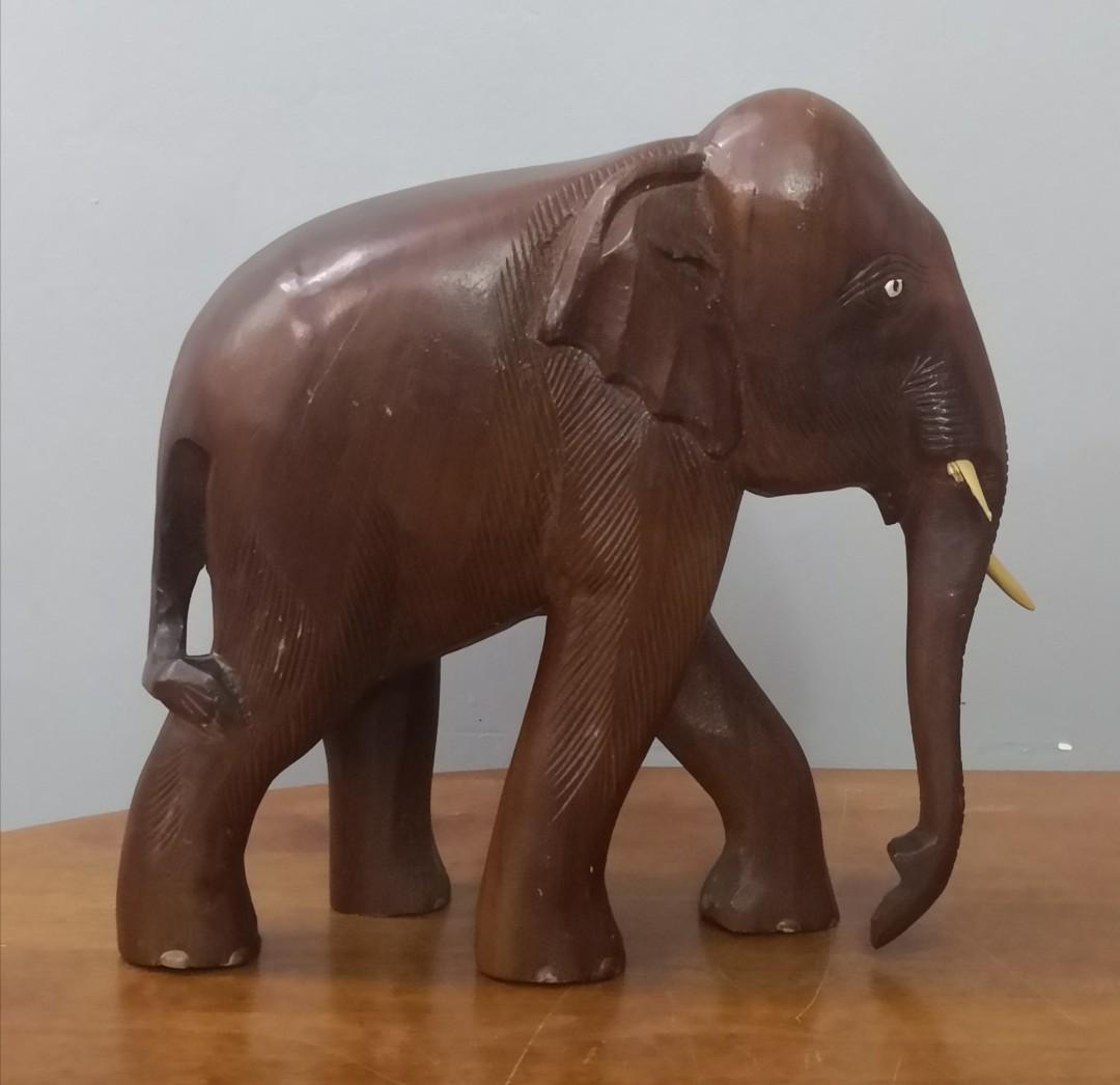Large Carved Teak Wood Elephant Statue, Vintage 12 Solid Wood Good