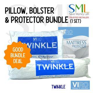 Medium Firm Foam Pillow - Bolster - Mattress Protector Bundle - Viro Twinkle 