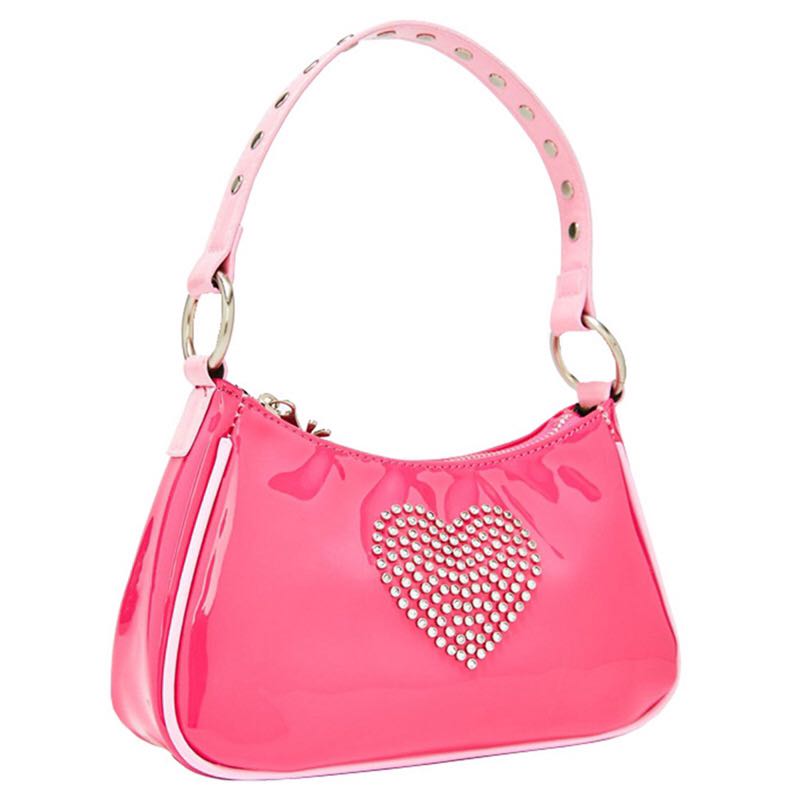 Y2K pink heart rhinestone baguette shoulder bag Women s Fashion