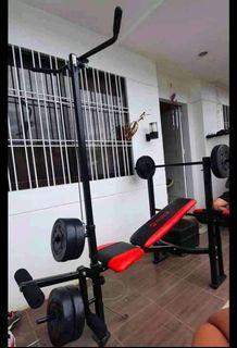 7in1 benchpress set w 80lbs plates and barbell bar and latpull bar 6,999 only  1bench 1barbell bar 1latpull bar 4pcs 15lbs plates 2pcs 10lbs plates