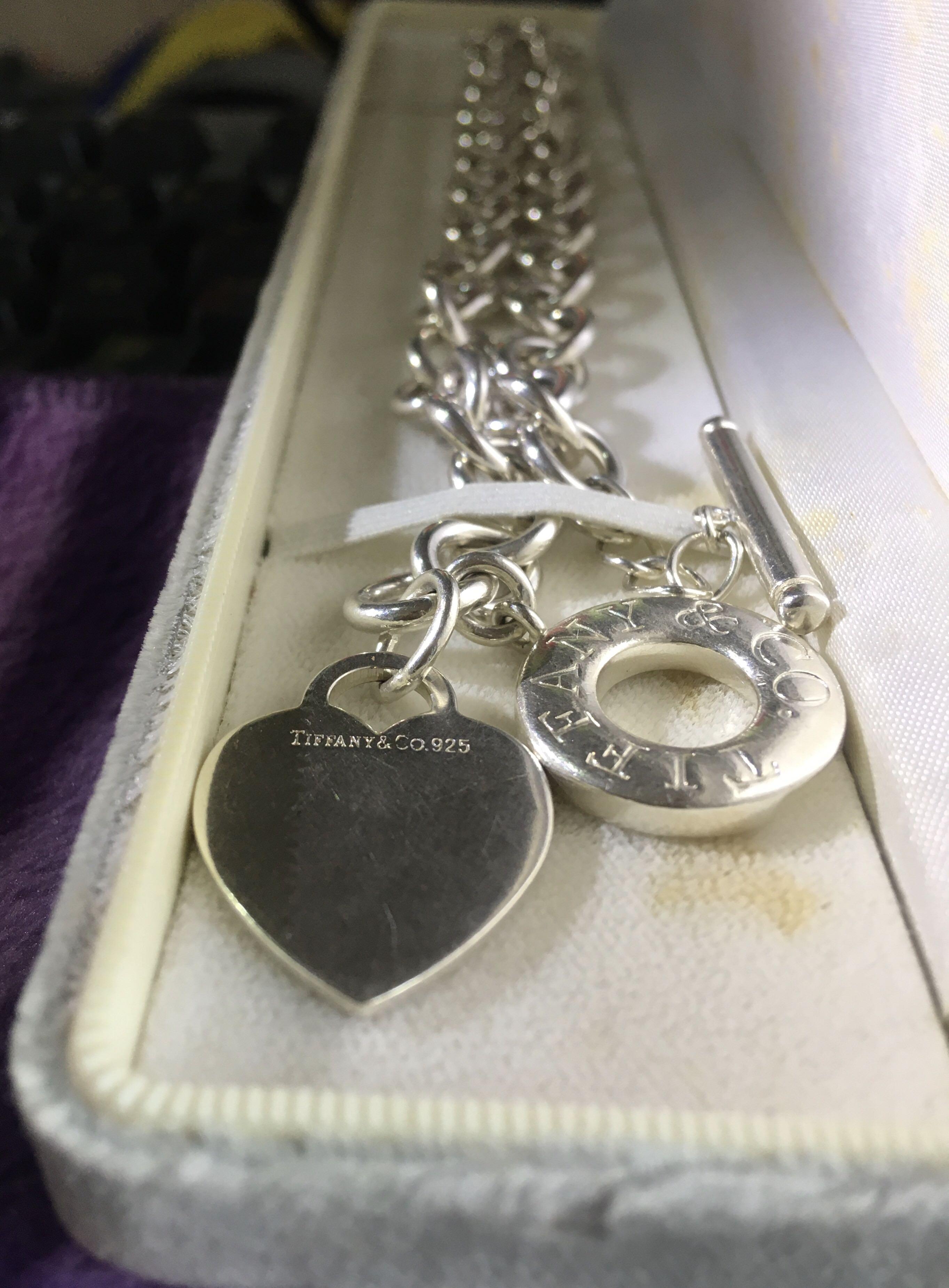 Authentic Tiffany & Co. Sterling Silver Heart Tag Toggle Choker Necklace Tiffany  Co 925 Silver Blank Heart Charm Pendant Toggle Necklace 