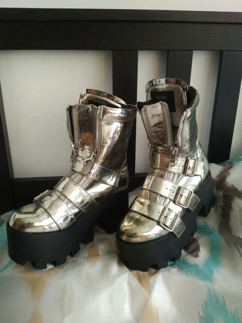 CURRENT MOOD Detroit Platform Metallic SILVER Boots DOLLS KILL Made In Hell US Women s Size 8 Goth Rave Buckles Biker Cyber Punk Carousell