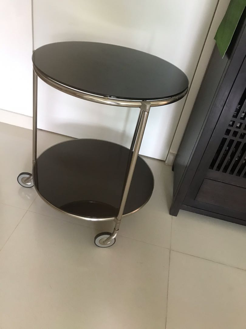 Glass round coffee table with wheels (Ikea Strind), Furniture & Home