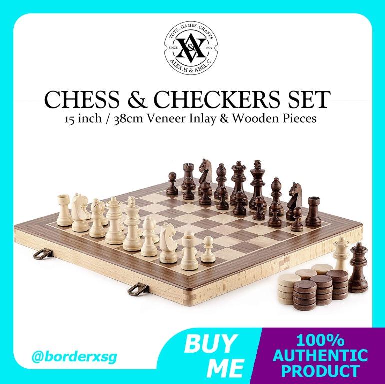 Classic Board Game A&A 15 Folding Wooden Chess & Checkers Set w/ 3 King Height Chess Pieces 2 Bonus Queen/German Knight Staunton Wooden Chessmen/Walnut Box w/Walnut & Maple Inlay 