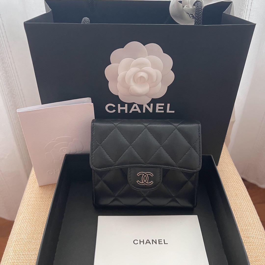Authentic Chanel Trifold Wallet in Black Lambskin, Luxury, Bags