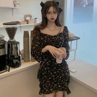 [D01] Floral Ruched Long Sleeves Dress
