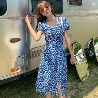 [D02] Blue Floral Sweetheart High Slit Midi Dress