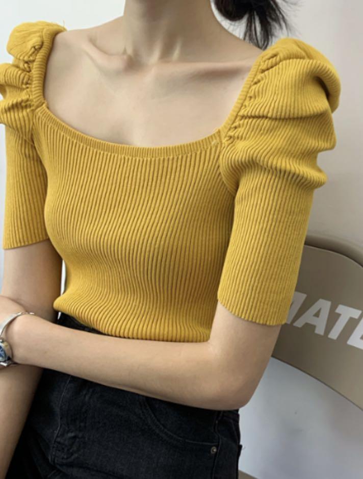 Knitted Square Neckline Top in Yellow (Category: Blouses) located in Quezon City. Submitted by quickstep (Listing ID 1073706618, Image 1). Description: .