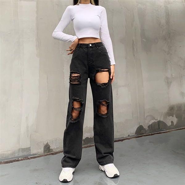 Black ripped loose jeans clearance