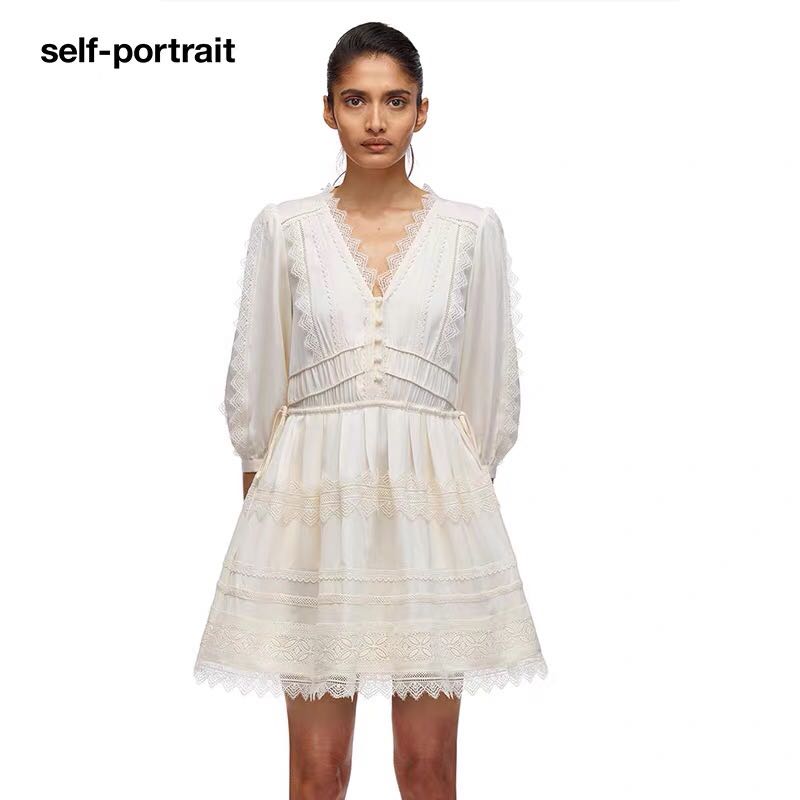 self portrait ivory lace trimmed mini dress Self-Portrait Women's Belted Floral Lace Minidress - Cream