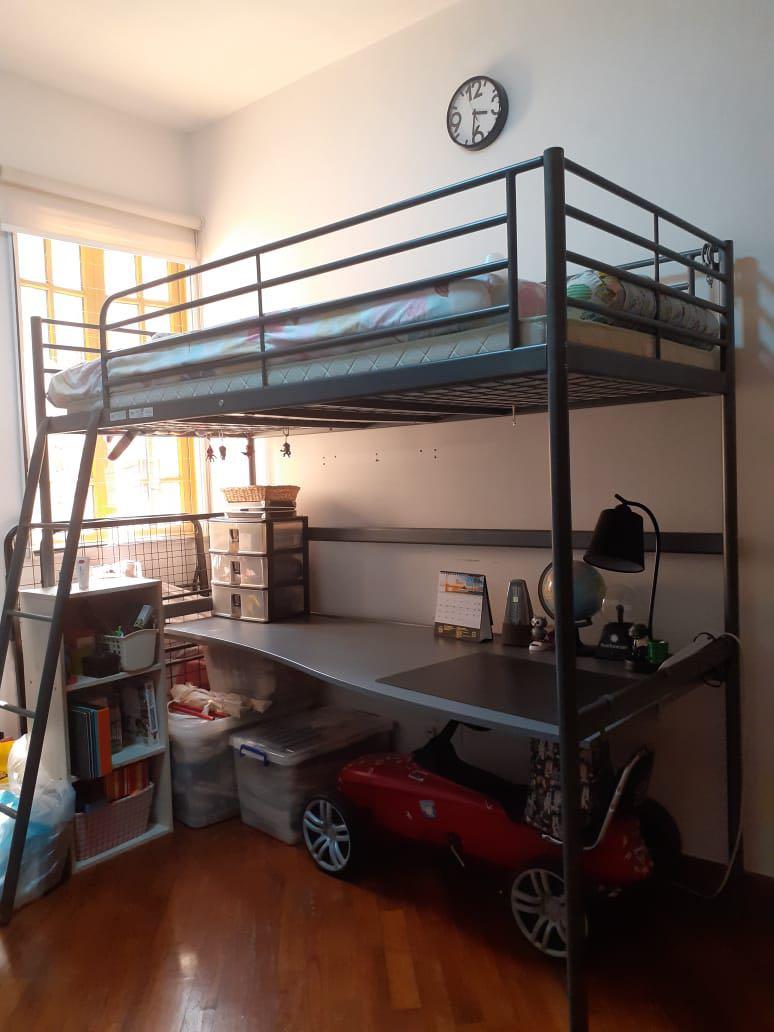 Full set Ikea single loft bed frame with table top, Furniture & Home